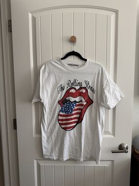 the Rolling Stones White Tee with Red USA Tongue Graphic